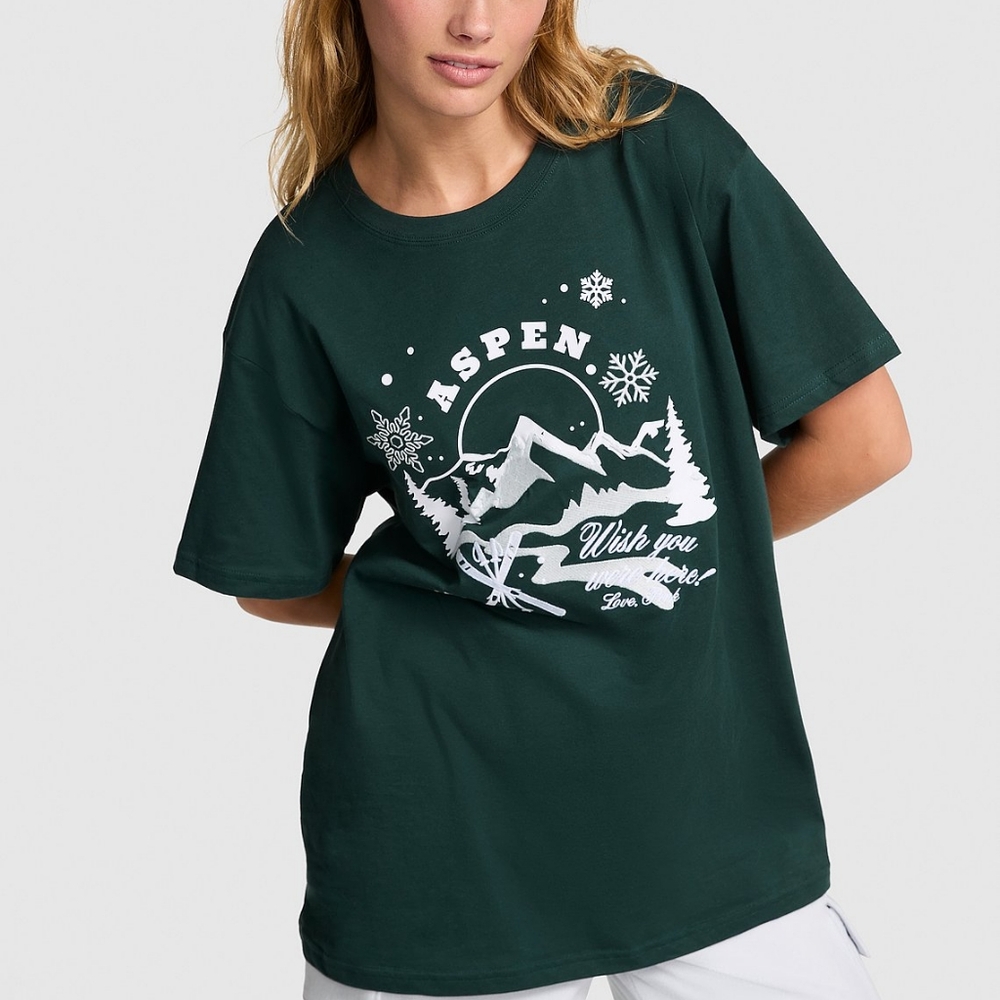 PINK '24 Aspen Destination Embroidered Lettering Graphic Tee Dark Green Small
